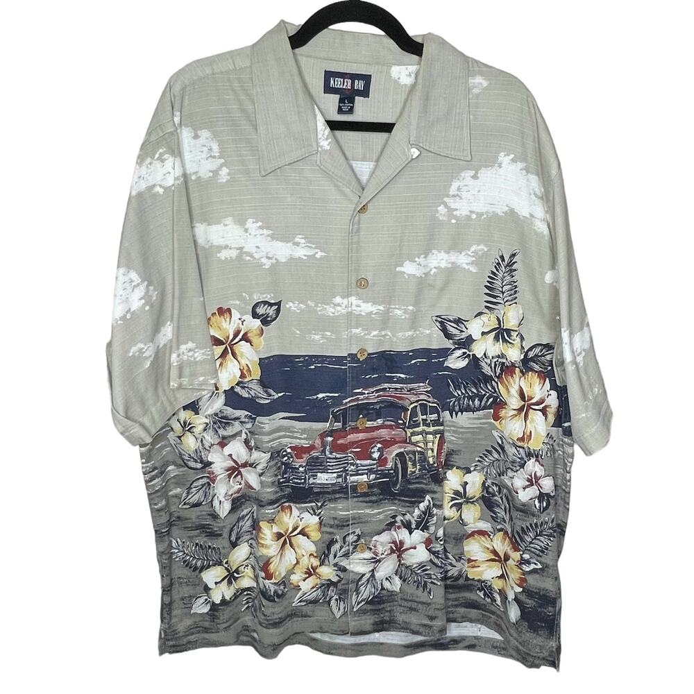 Keeler Bay Men’s Size Large Vintage Camp Shirt Hawaiian Surf Board Woodie Wagon